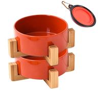 Petygooing Ceramic Dog Cat Bowl Set with Stand - Medium Dog Bowls, Anti-Slip Set of 2 - 28 OZ /3.6 Cups - Rust Red
