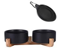 Petygooing Dog Bowls,Black Ceramic Cat Dog Bowl Set with Wood Stand for Food and Water,Non-Slip Cute Modern Pet Dish Set for Cats Small and Medium Dogs (28OZ/6.1 in)