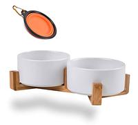 Petygooing Dog Bowls,White Ceramic Cat and Dog Bowl Set with Wood Stand for Food and Water, Non-Slip Cute Modern Pet Dish Set for Cats & Medium Dogs (28OZ)