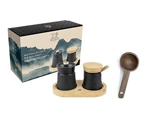 Peugeot Bali Black Cast-Iron Pepper Mill & Salt Cellar with Wooden Tray Gift Boxed- with Wooden Spice Scoop