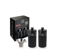 Peugeot - Duo Line Gift Set - Pepper Mill + Salt Mill 12 cm + Spice Funnel - Classic Grind Setting - Aluminum + PEFC Wood - Made in France - Matte Black Color