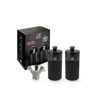 Peugeot - Duo Line Gift Set - Pepper Mill + Salt Mill 12 cm + Spice Funnel - Classic Grind Setting - Aluminum + PEFC Wood - Made in France - Matte Black Color