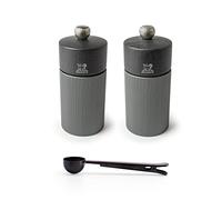 Peugeot Line Manual Salt & Pepper Mill Gift Set Carbon Graphite Aluminum, 12 cm - 4.75" With Stainless Steel Spice Scoop/Bag Clip (Salt & Pepper Mills w/Scoop)