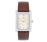 Peugeot PP Men's Rectangular Textured Roman Numeral Dial Classic Dress Wrist Watch with Leather Strap Band, Silver/Brown, M