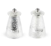 Peugeot - Salt & Pepper Mill Set - Lalique Feuilles - Clear Crystal - Handcrafted in France - Original René Lalique Design 1924 - Stainless Steel Grinding Mechanism