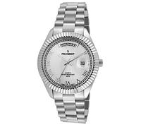 Peugeot Stainless Steel Big Face Luxury Watch with Day Date Windows, Roman Numerals & Coin Edge Fluted Bezel Watch, Silver, No Size, Japanese