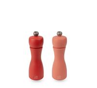 PEUGEOT - Tahiti Duo Pepper Mill + Salt Mill 15cm - Includes Black Pepper and Rock Salt - Classic Adjustment - PEFC Certified Wood - Made in France - Brick Red and Flame Color