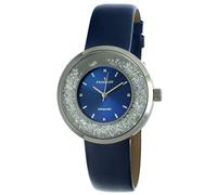 Peugeot Women Round Dress Watch - Slim Thin Case with Floating Genuine Diamond CZ and Leather Strap, Blue, Japanese