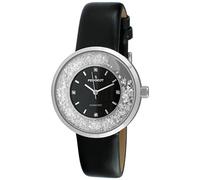 Peugeot Women Round Dress Watch - Slim Thin Case with Floating Genuine Diamond CZ and Leather Strap, Silver/Black, Japanese