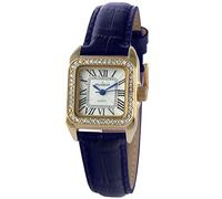 Peugeot Women's 14K Gold-Plated Tank Crystal Bezel Roman Numeral Black Leather Band Watch 3052BK, Blue, Quartz Movement