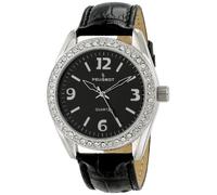Peugeot Women's Boyfriend Large Face Case Dress Wrist Watch with Swarovski Crystal Bezel & Thick Leather Strap Band, 3006BK Black, L, Modern