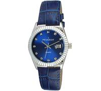 Peugeot Women's Dress Quartz Watch with Coin Edge Bezel, Date Window & Leather Band, Blue, Classic