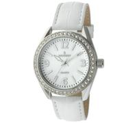 Peugeot Women's Large Silver Case Swarovski Crystal White Thick Leather Band Dress Watch 3006WT