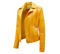 Peuignao Women's Yellow Faux Leather Biker Jacket, Medium, Slim Fit, Stand Collar, 2 Slant Pockets, Water Resistant, Polyester Lining, Autumn, Winter, Spring