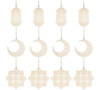 PEUTIER 12pcs Wooden Ramadan Ornament, Eid Mubarak Pendant Moon and Star Hanging Lantern Ramadan Moon Lamp Ramadan Star Lights Eid Ramadan Decoration for Outdoor Home Yard