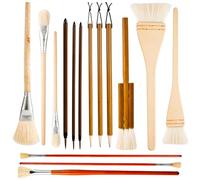 PEUTIER 15pcs Pottery Glaze Brushes, Wood Long Handle Artist Fan Paint Ceramic Brushes Set Art Painting Tools for Acrylic Watercolor Pottery Oil Painting Students Kids Adults