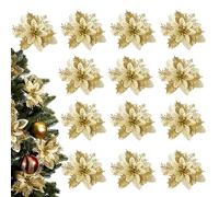 PEUTIER 24pcs Poinsettia Christmas Decorations, Faux Glitter Poinsettia Flowers Christmas Tree Ornaments Artificial Christmas Tree Flowers Decorations for Xmas Tree Wedding Home (Gold)