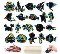 PEUTIER 40pcs Sea Creatures Scratch Art Cards, Sealife Animals Shapes Rainbow Scratch Magic Paper with 20pcs Wooden Sticks and 40pcs Ropes for Kids Decorations Leisure Time Entertainment Supplies