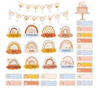 PEUTIER 57pcs Bohemia Classroom Set, Boho Happy Birthday Chart Calendar Decoration Rainbow Month Header Decoration for Home School Wall