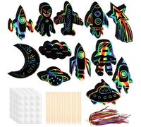 PEUTIER 72pcs Outer Space Rainbow Scratch Cards, Space Scratch Paper Rocket Scratch Note with Stick Rope Dot Stickers Paper Art for Kids School Classroom Activities Home Decoration for Boys and Girls