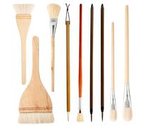 PEUTIER 9pcs Ceramic Glaze Brush Set, Wooden Long Handle Pottery Paint Brushes for Acrylic Painting Artist Wool Brush Fan Brush Flat Brush for Watercolor Oil Art Painting