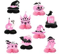 PEUTIER 9pcs Halloween Honeycomb Centerpieces, Pink Black Halloween Table Paper Centerpieces Pumpkin Ghost Bat Witch Hat Halloween Baby Shower Decorations for Girls Birthday Table Toppers Decor