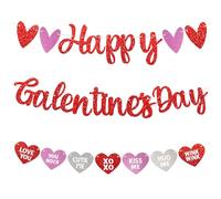 PEUTIER Happy Galentines Day Banner, Red Heart Garland Banner with String and Needle Tool, Pink Glittery Galentine's Day Decorations for Girls Ladies Celebrating Party Supplies