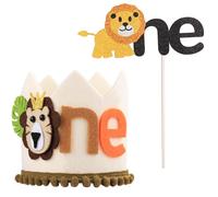 PEUTIER Lion Birthday Crown with Lion Cake Topper Insert, Adjustable 1st Birthday Hat Cute Wild Jungle Birthday Crown Animal Lion Birthday Party Favors Decorations for Boys Girls