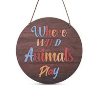 PEUTIER Playroom Wall Decor, 11x11in Where Wild Animals Play Sign Wooden Colorful Nursery Wall Decor Kids Playroom Wall Art Decoration for Boys Girls Home Bedroom Kindergarten Decor