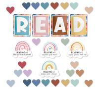 PEUTIER Reading Corner Decor, Boho Reading Posters with Rainbow Love Heart Bulletin Board Letters Boho Classroom Library Wall Decor Bohemian Classroom Decoration for School