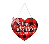 PEUTIER Valentine's Day Door Hanger, Wooden Heart Shaped Happy Valentine's Day Door Sign Red & Black Plaid Sweet Hanging Signs Decoration for Outdoor Wall Party Supplies