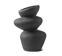 PEUZ Stone Tower Ceramic Vase - Sculptural Ceramic Vase with Rough Stone Texture for Dried Flowers, Pampas Grass, Fresh Flowers or Decorative Object, Handmade, Matt Black, Approx 20cm