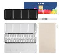 PEVART Empty Watercolour Paint Palette, Metal Box Mixing Palette Case with 37 Water Colour Half Pans and Fold-Out Palette Tin Paint Tray Travel Watercolor Set (Black, Medium)