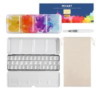 PEVART Empty Watercolour Palette Tins Box Metal Paint Case with Fold Out Palette, Medium Colorful Watercolor Tray Palette with 37 Half Pans and a Water Colour Pen for DIY Travel Watercolor Palette
