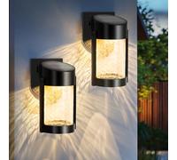 PEVOROS 2 Pack Solar Wall Lights Outdoor, IP65 Waterproof Wall Light for Porch, Fence, Shed, Barn, Patio, Glass Crackle Lampshade with Warm LED Light