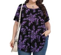 PEVRL Plus Size Tops for Women Summer 2026 Short Sleeve Shirts Tunics Square Neck Casual Loose Blouses 1X-5X, Purple Peony, XXXXL
