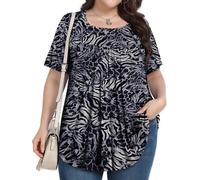 PEVRL Plus Size Tops for Women Summer 2026 Short Sleeve Shirts Tunics Square Neck Casual Loose Blouses 1X-5X, Black Stripe, XXL