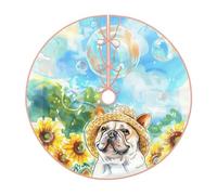 Pevtufa French Bulldog Sunflowers Bubbles Print Christmas Tree Skirt Christmas Xmas Tree Skirts Mat for New Year Holiday Christmas Party Decorations-36