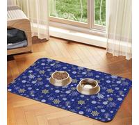 Pevtufa Pet Feeding Mat for Dogs and Cats,Waterproof Absorbent Leather Placemat Non-Slip Easy Clean Pet Food Mat for Floor Protection for Dog and Cat (Golden Snowflakes Royal Blue)