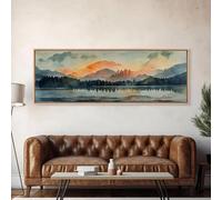 PEWFBS Extra Large Frameless Canvas Print - Modern Minimalist Mountain Lake Landscape Painting with Orange Panoramic Living Room 40x120cm No frame