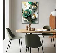 PEWFBS Green Wall Art - Luxurious Modern Abstract Canvas Painting With White Roses, Golden Accents Dark Background For Living Room(70x90cm/Without frame)