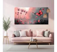 PEWFBS Modern Abstract Pink Dandelion Wall Art With Red Butterfly Pink & Black Landscape Background Painting For Living Room(55x110cm/Without frame)