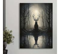 PEWFBS Mysterious Deer Reflection Art Poster - Eerie Stag In Fog Forest Scene, Vintage Minimalist Canvas Wall Picture Decor(30x40cm/Without frame)