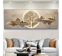 PEWFBS Nordic Luxury Modern Minimalist Canvas Art Painting - Golden Moon & Mountain Landscape With Tree Wall Decor For Living Room(40x120cm/Without frame)