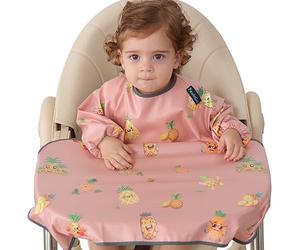 PewinGo Weaning Bib Attaches and Cover the Baby, Long Sleeves Bib with Waterproof, Machine Washable & Comfortable,Easy to Clean, Suitable for BLW 6 Months to 30 Months-Pink