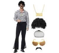 pewjury 70s Disco Costume for Men - 7pcs Retro Party Outfit with Glitter Shirt, Flared Trousers, Wigs, Necklace, Moustache, Sunglasses, Wig Hair Net (Black - B, L)