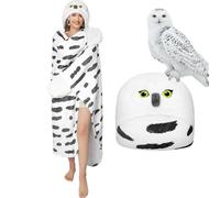 Pewjury Snow Owl Blanket with Sleeves, Hood and Gloves, Animal Pattern Cuddly Flannel Gifts for Women (White, Thick, 130 x 160 cm)