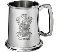 Pewter 1pt Tankard Embossed Prince of Wales Feathers and Cymru Square Handle Beer Tankard Perfect for Engraved Personalised Gifts for Men and Women