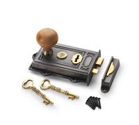 Pewter Cast Iron Davenport Rim Lock with Teak Wood & Antique Brass Bun Door Knobs - Traditional Rim Lock Door Hardware Set