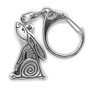 Pewter Celtic Spiral Moon Gazing Hare Push gate Keyring in a Burlap Gift Pouch